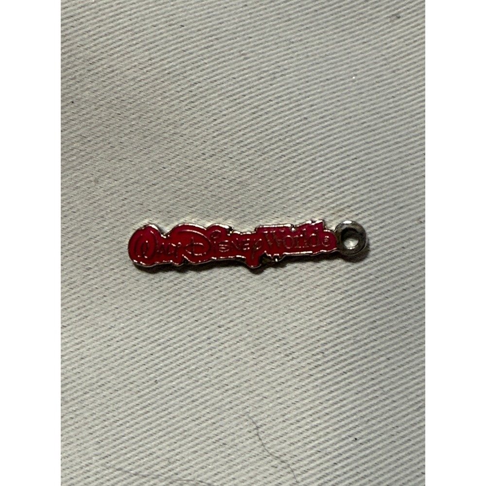 Vintage Walt Disney World Logo Charm Red Enamel Silver Tone Pendant Disneyana